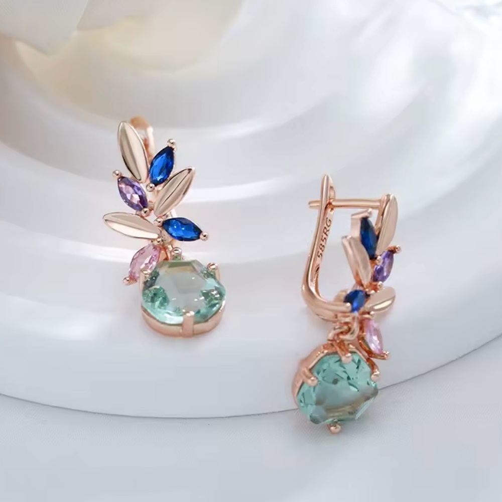 Green Natural Zirconia Pendant Rose Gold Earrings - Picture 5 of 7